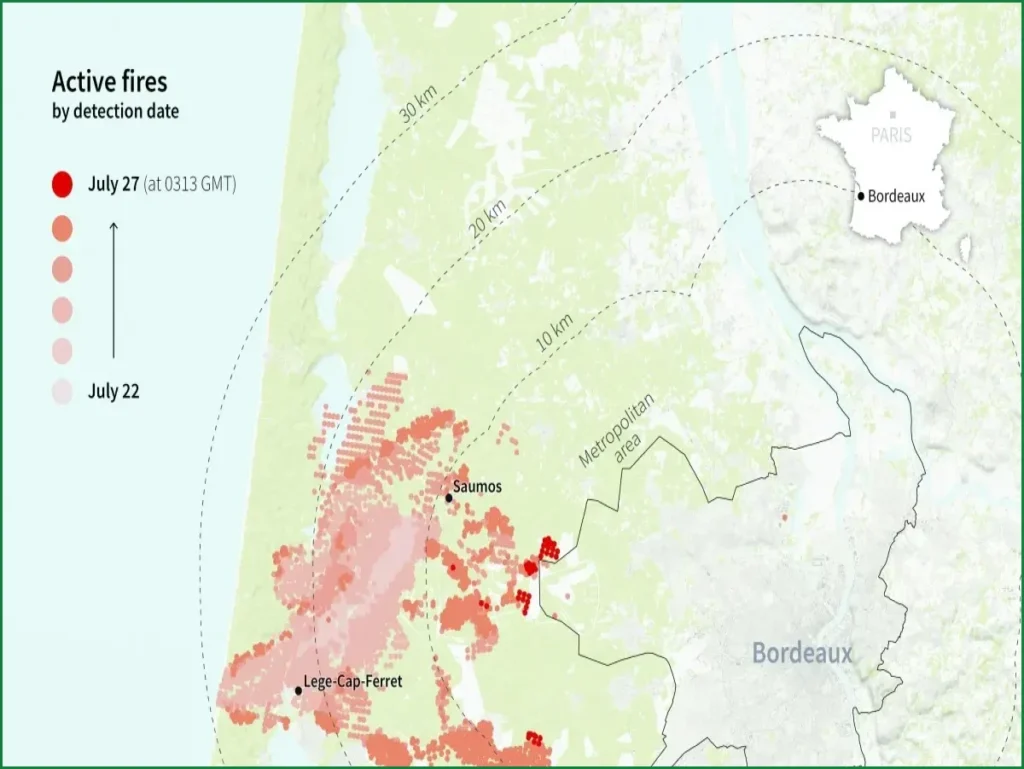 Bordeaux Wildfire Evacuations Continue Amid New Heatwave Warning