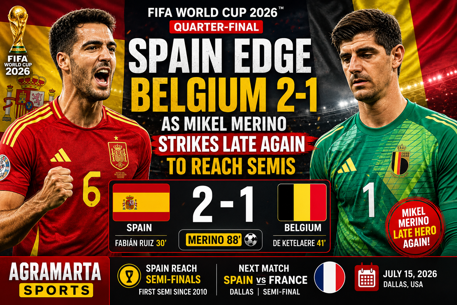 Spain Edge Belgium 2-1 as Mikel Merino Strikes Late Again to Reach Semis