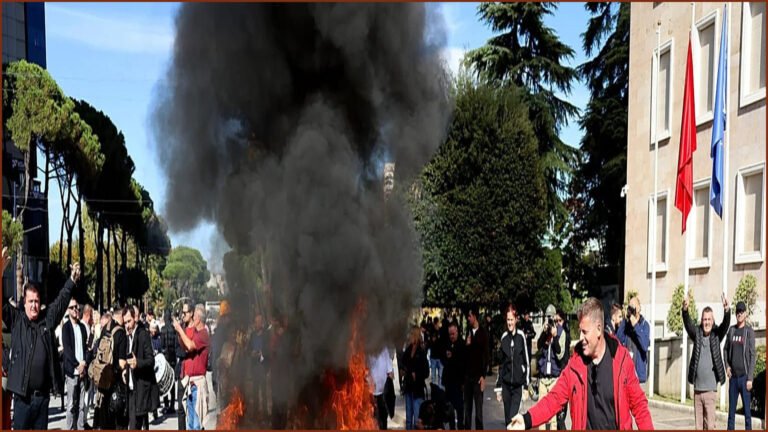 Albanian Protesters Burn Symbolic Pillows Outside Prime Minister's Office