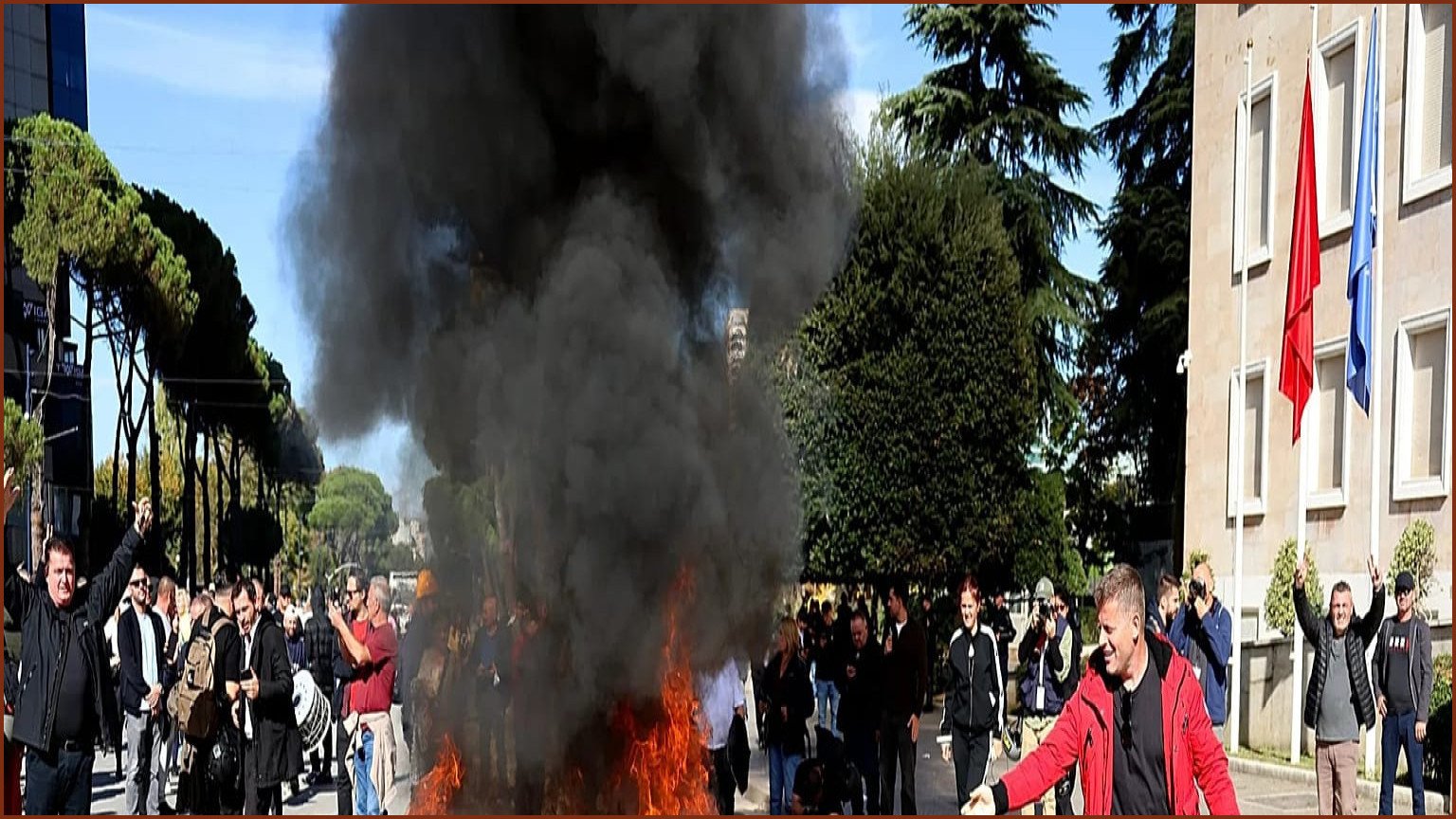 Albanian Protesters Burn Symbolic Pillows Outside Prime Minister’s Office